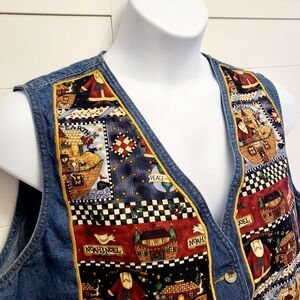 VTG THE QUACKER FACTORY Womens Denim Vest Size 1X Blue Red Noah's Ark Christmas